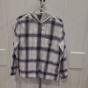 Eddie Bauer Women's Plaid Button-Down Hooded Shirt - White & Gray
